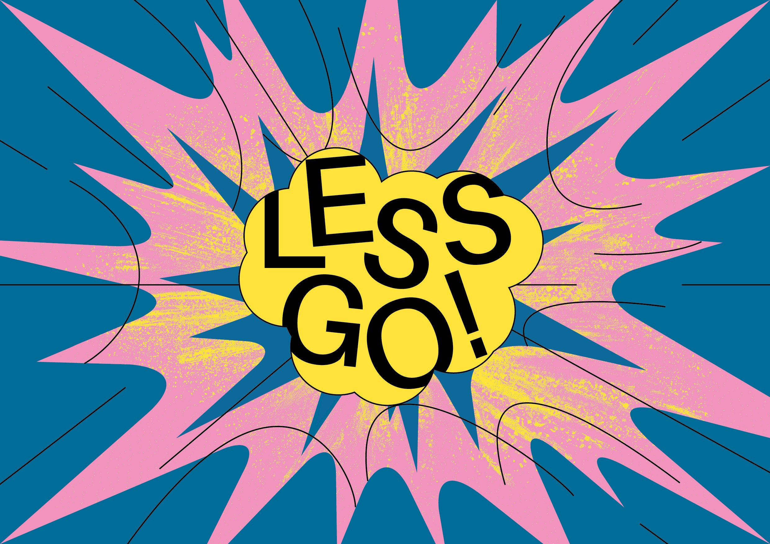 Visuel de l'évènement "Lessgo!", avec le titre dans une bulle de BD jaune sur fond beu. Des stries roses effet comics encadrent le titre.